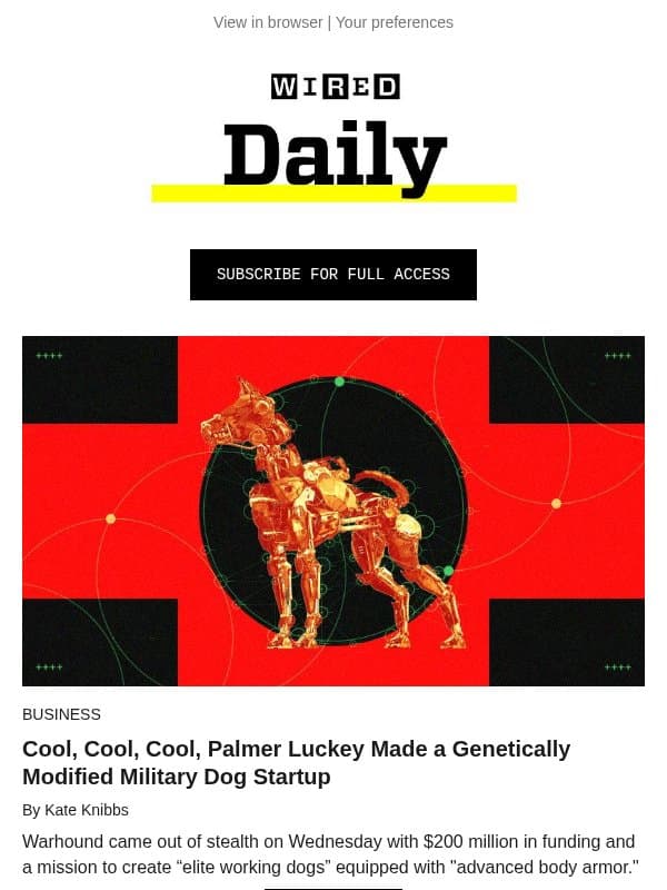 Palmer Luckey’s genetically modified military dog startup email from Wired