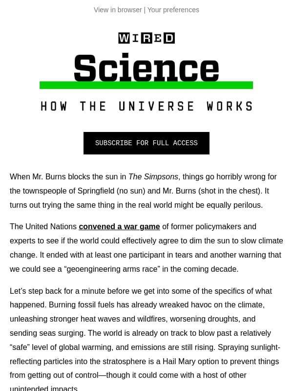 What happens when you war-game dimming the sun? email from Wired