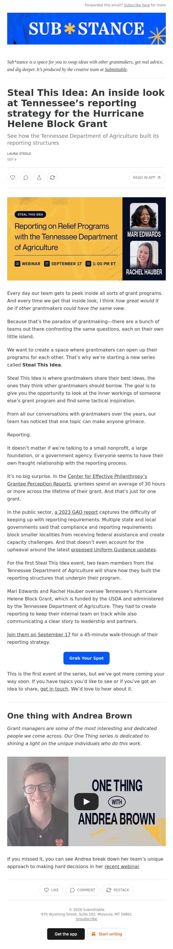 Steal This Idea: An inside look at Tennessee’s reporting strategy for the Hurricane Helene Block Grant email from WizeHive screenshot
