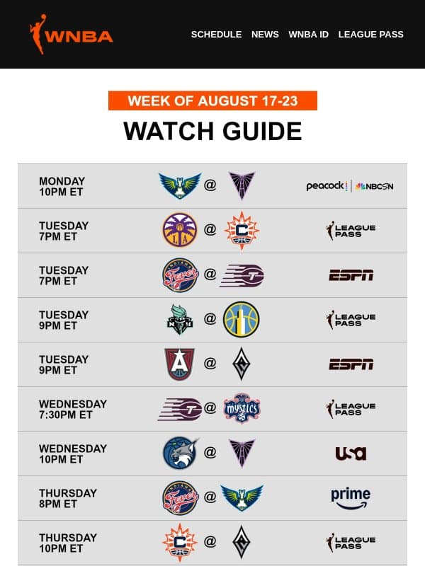 Your WNBA Watch Guide ๐ฝ๏ธ The W is Dishing Out the Action email from WNBA