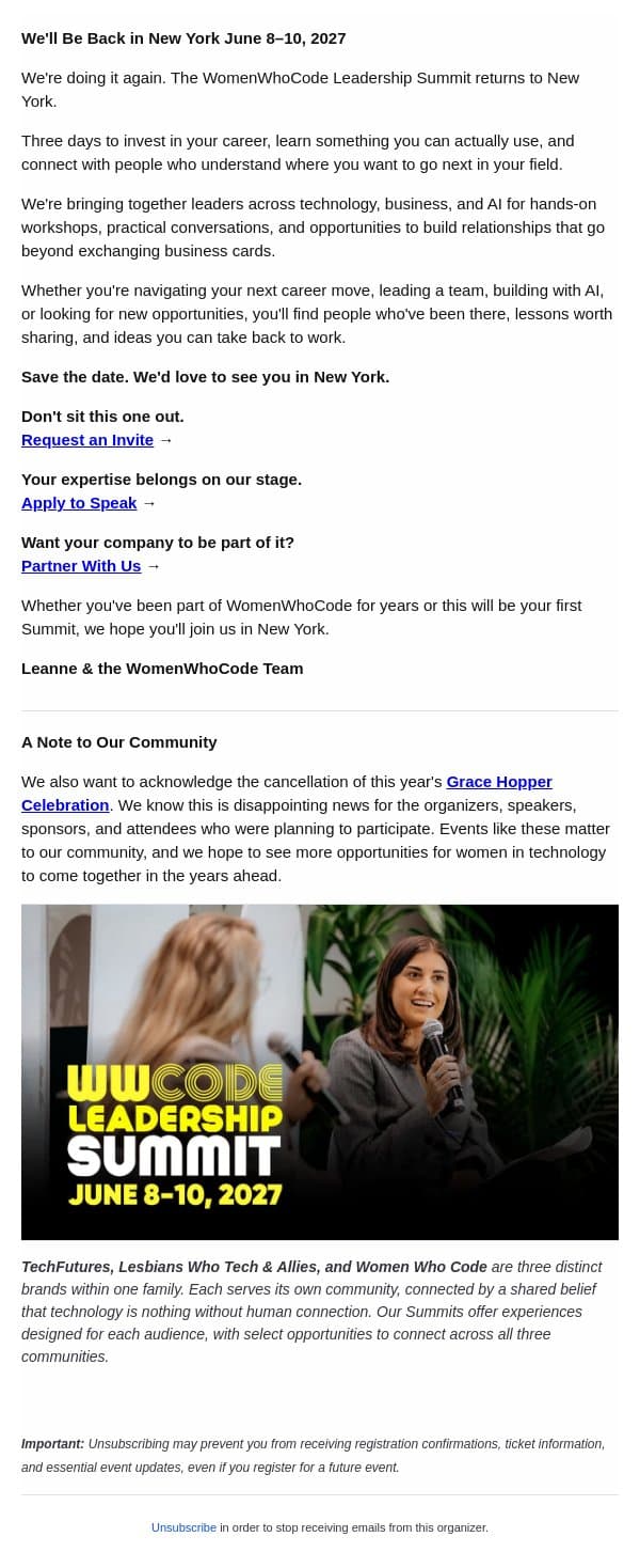 Save the Date⚡WomenWhoCode Summit Returns June 8–10, 2027 email from Women Who Code screenshot