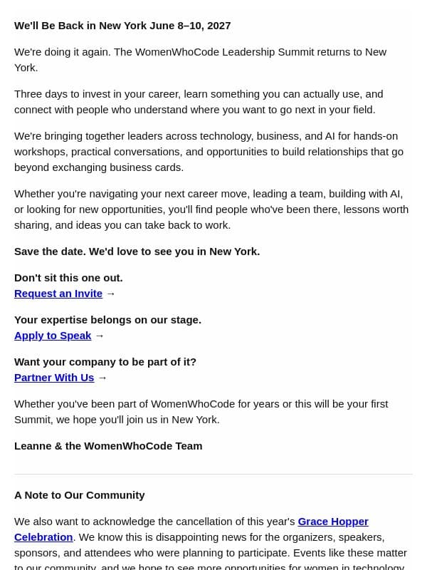 Save the Date⚡WomenWhoCode Summit Returns June 8–10, 2027 email from Women Who Code