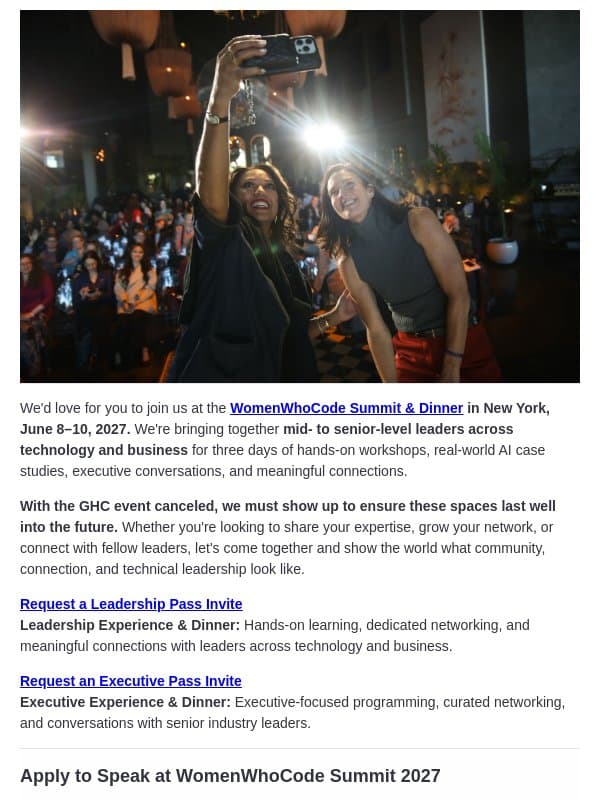 Apply to Speak @WomenWhoCode, June 8th-10th email from Women Who Code