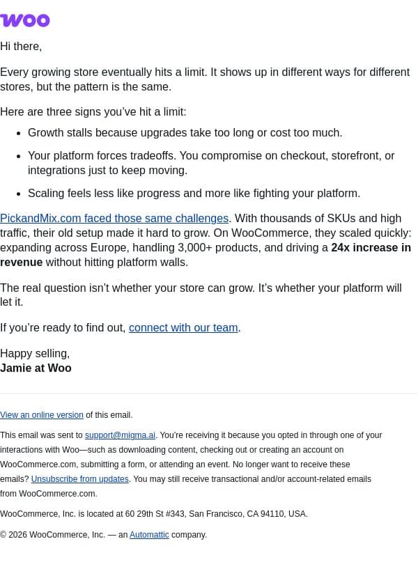 Is your platform holding you back? email from WooCommerce screenshot