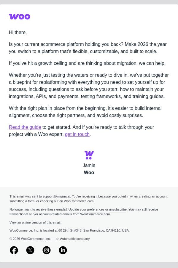 Your blueprint for ecommerce migration email from WooCommerce screenshot