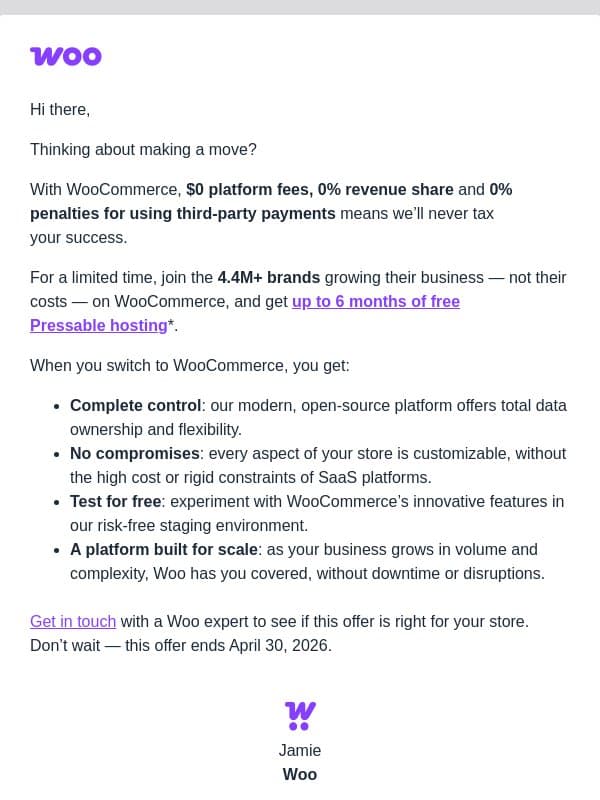 Your exclusive offer: migrate for up to 6 months of free hosting email from WooCommerce