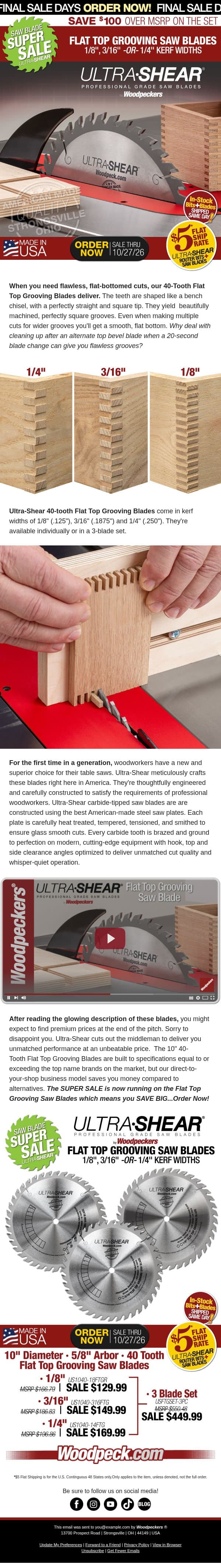 Sale Ends Tomorrow: Flat Top Grooving Saw Blades email from Woodpeckers screenshot