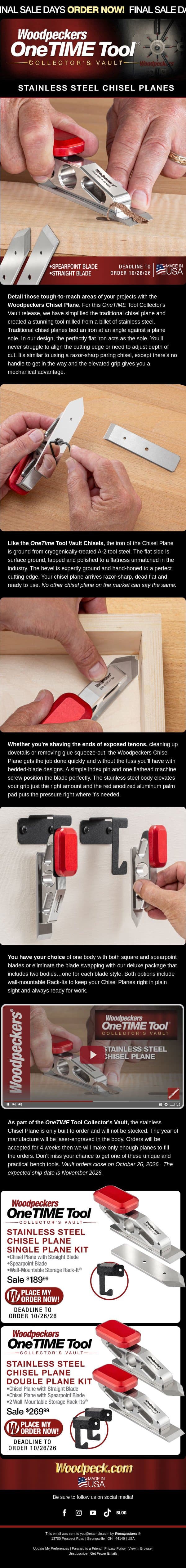 Final Days to Order your Collectors Vault Chisel Plane! email from Woodpeckers screenshot