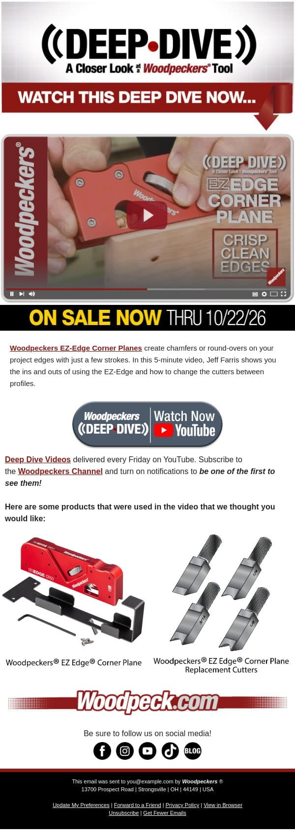 DEEP DIVE: EZ Edge Corner Plane. email from Woodpeckers screenshot