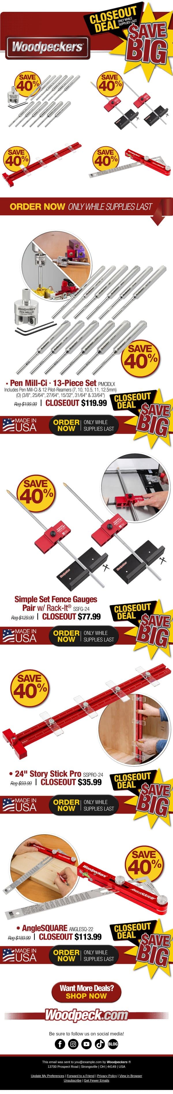 CLOSEOUT DEALS You Don't Want to Miss! email from Woodpeckers screenshot