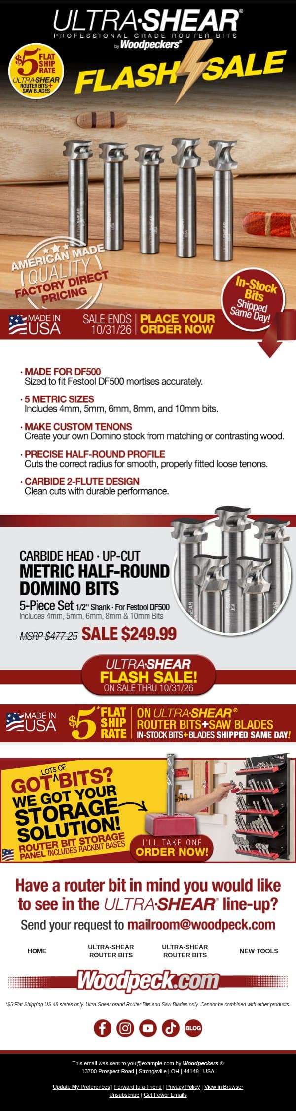 Five Exact Metric Sizes for Custom Loose Tenons email from Woodpeckers screenshot