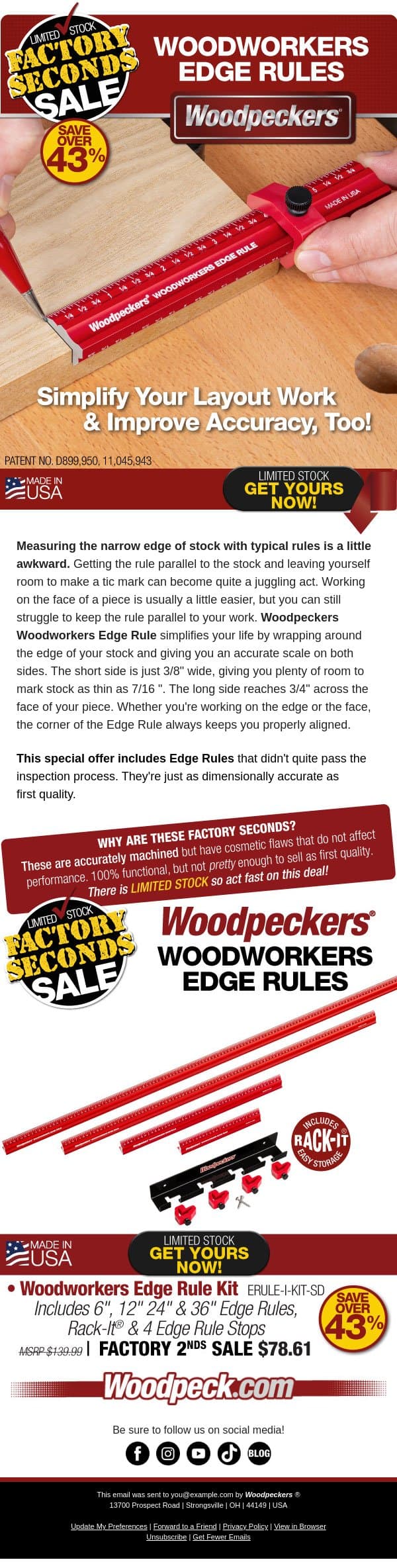 š„FACTORY 2NDS SALEš„ Save Over 43% on Perfectly Functional Woodworkers Edge Rules Kit! email from Woodpeckers screenshot