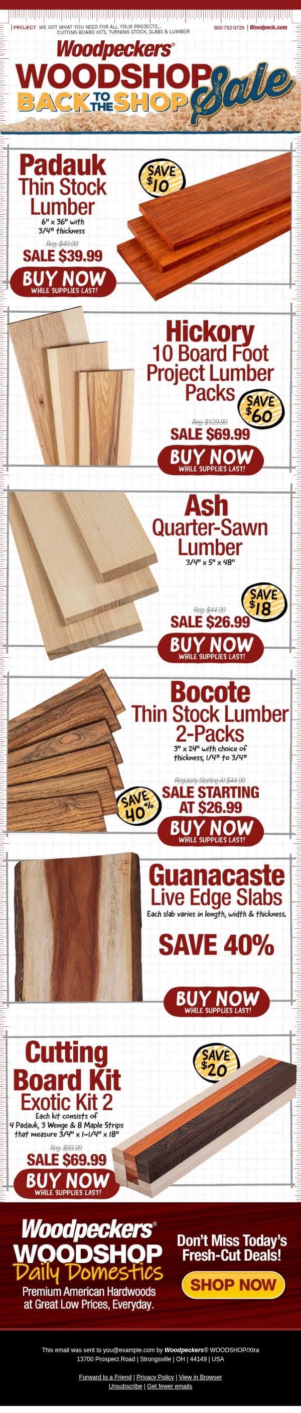 $10 Off Vibrant Padauk Lumber! email from Woodpeckers screenshot