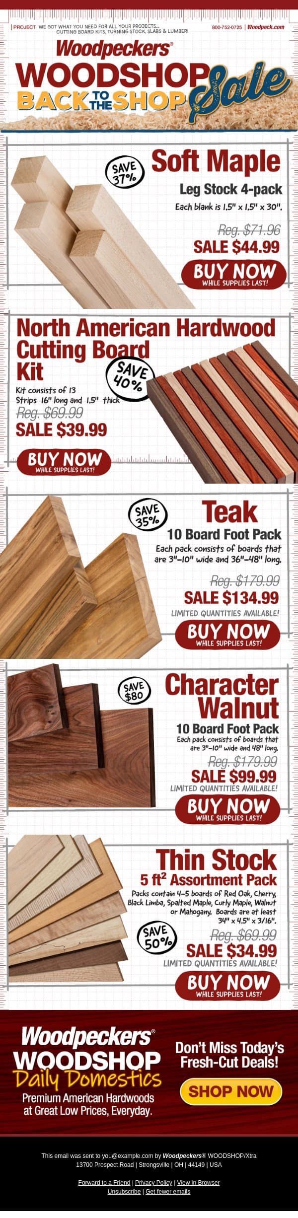 Save 37% on Soft Maple Leg Stock email from Woodpeckers screenshot