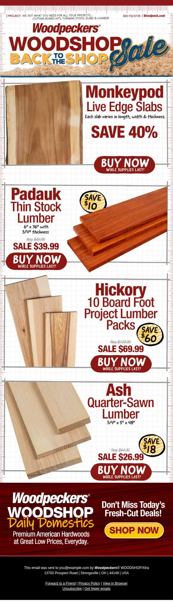 Limited Supply Monkeypod Live Edge Slabs 40% Off! email from Woodpeckers screenshot