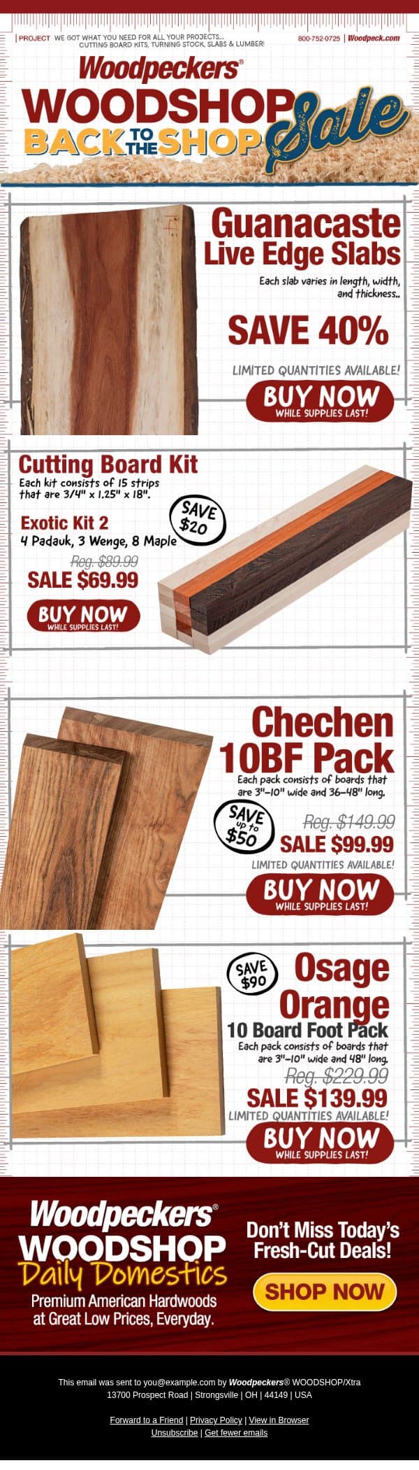 Save 40% on Guanacaste Live Edge Slabs email from Woodpeckers screenshot