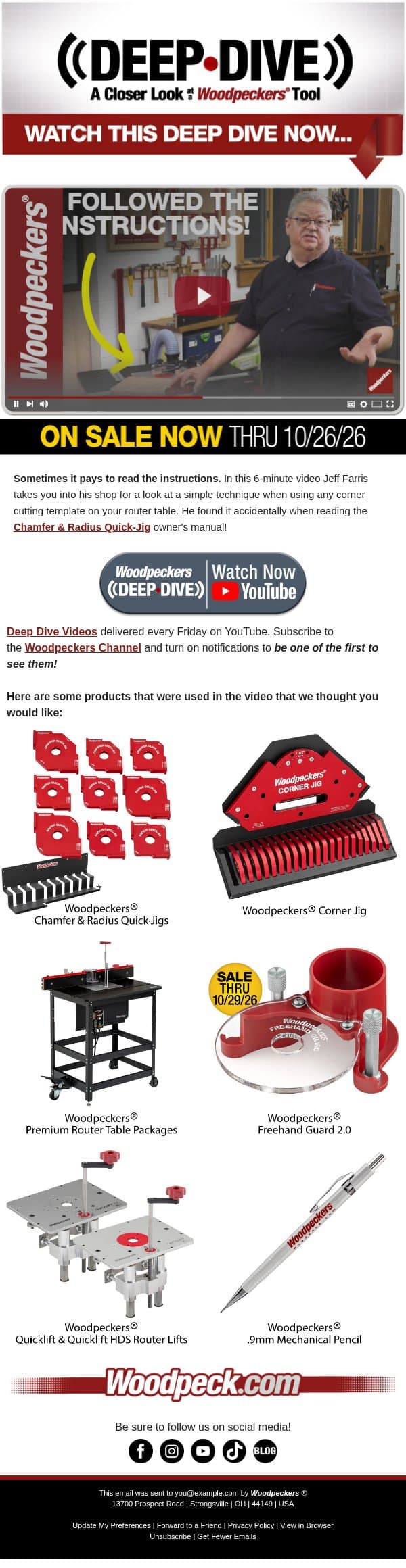 DEEP DIVE: Chamfer & Radius Quick Jig - I Followed the Instructions. email from Woodpeckers screenshot