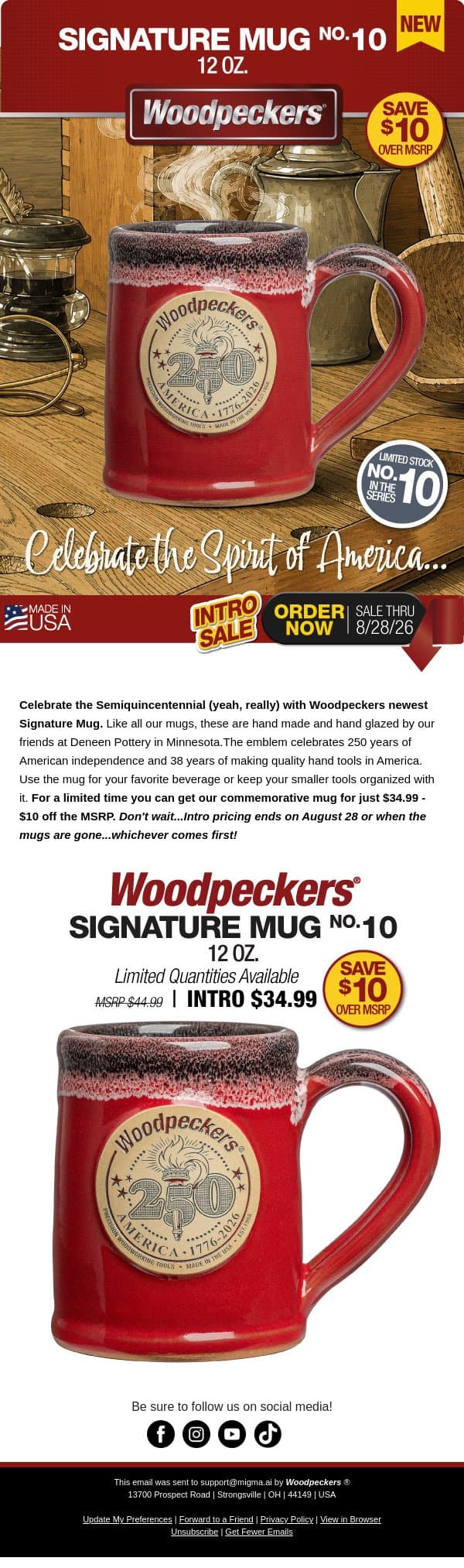 Woodpeckers 2026 Mug Celebrates America! email from Woodpeckers screenshot