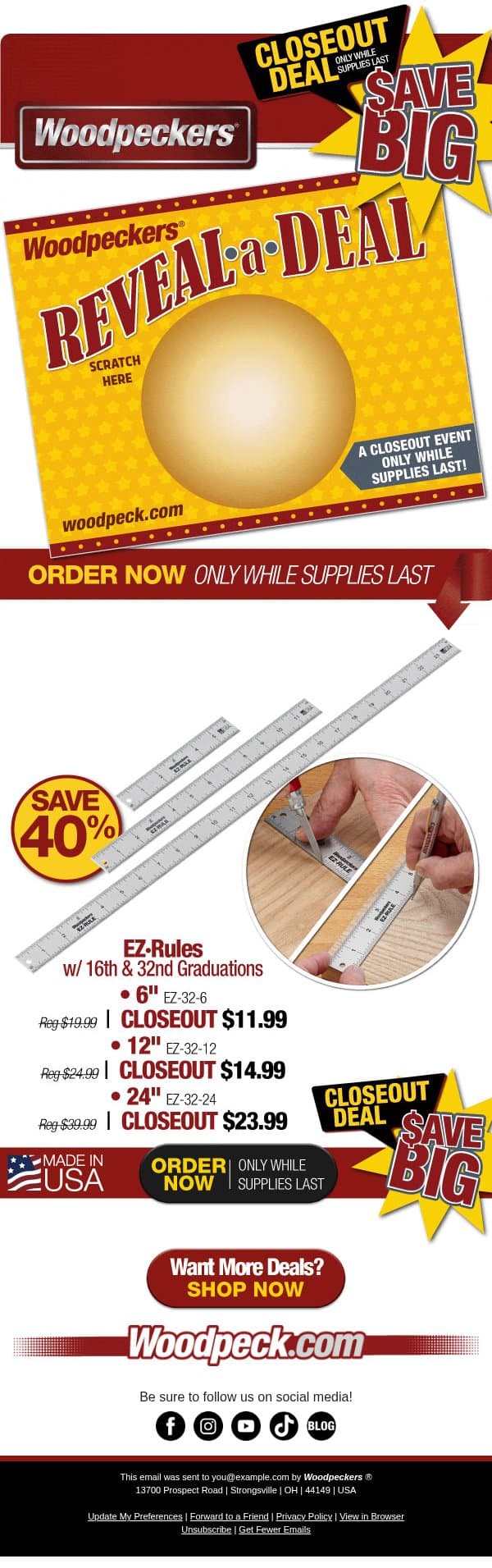 CLOSEOUT SALE! EZ·Rules email from Woodpeckers screenshot
