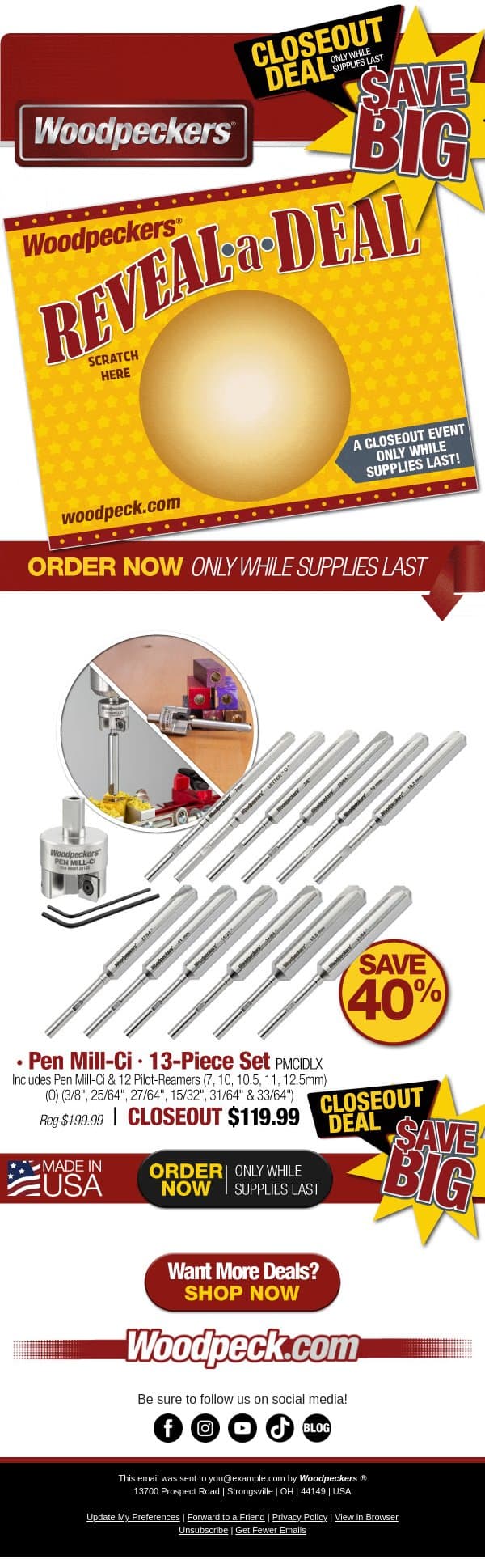 CLOSEOUT SALE! Pen Mill-Ci · 13-Piece Set email from Woodpeckers screenshot