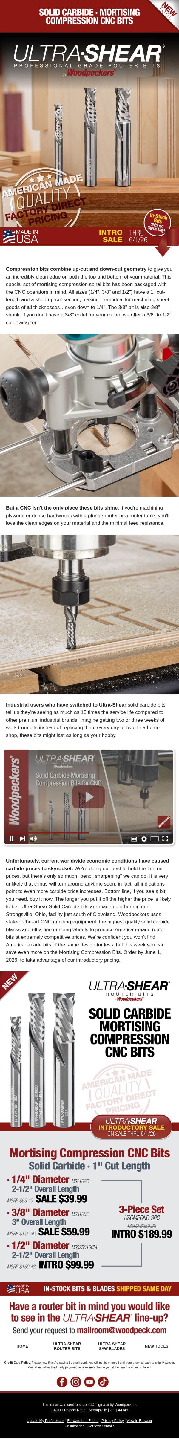 Mortising Compression Bit Set…Perfect for Plywood in All Thicknesses! email from Woodpeckers screenshot