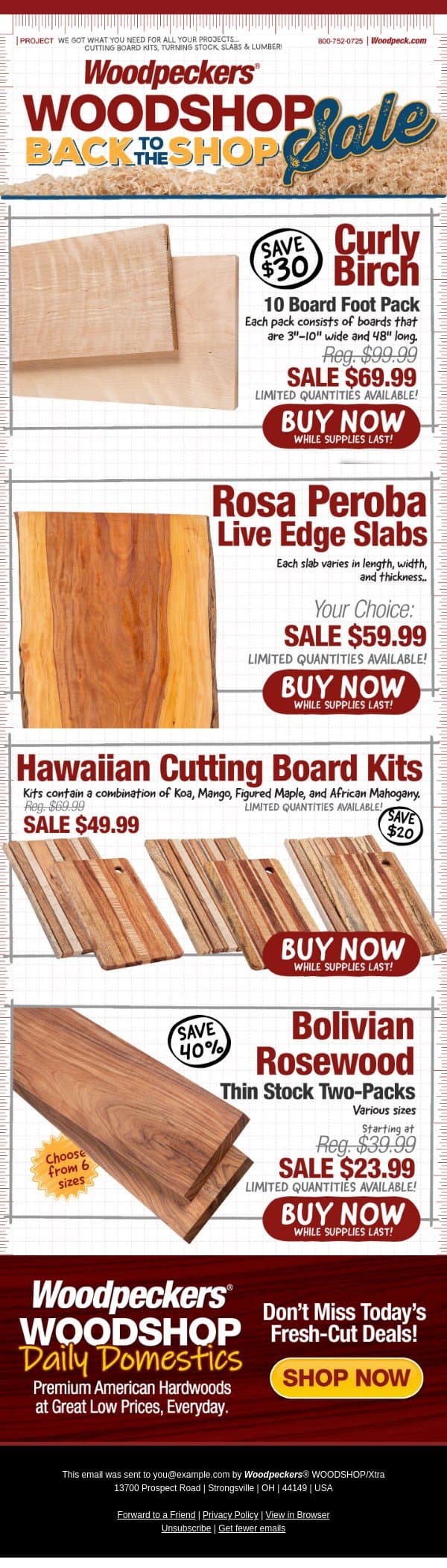 Curly Birch 10BF Packs Now Just $69.99 email from Woodpeckers screenshot