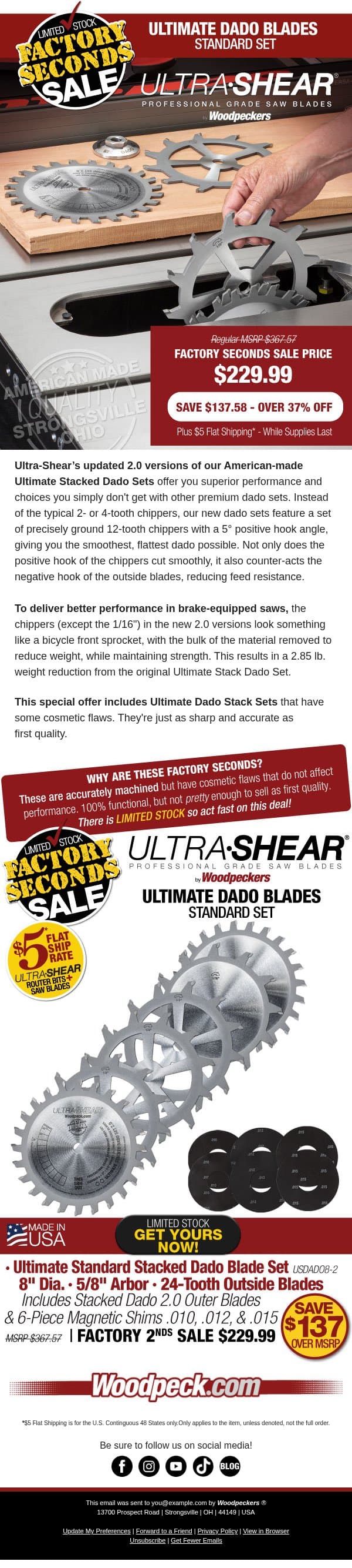 Only $229.99 for this 12-Piece Stacked Dado Set. email from Woodpeckers screenshot