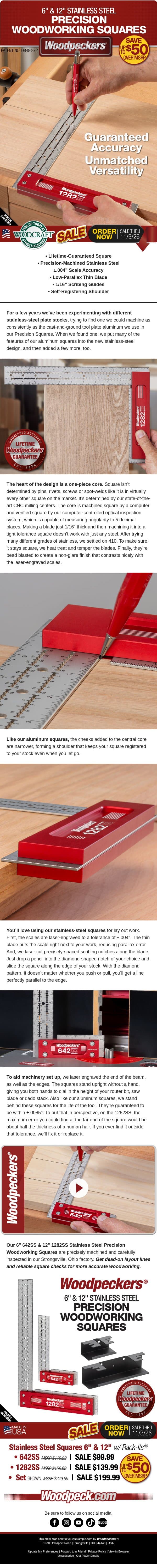 Confidence in Every Mark: Stainless Steel Precision Woodworking Squares. email from Woodpeckers screenshot