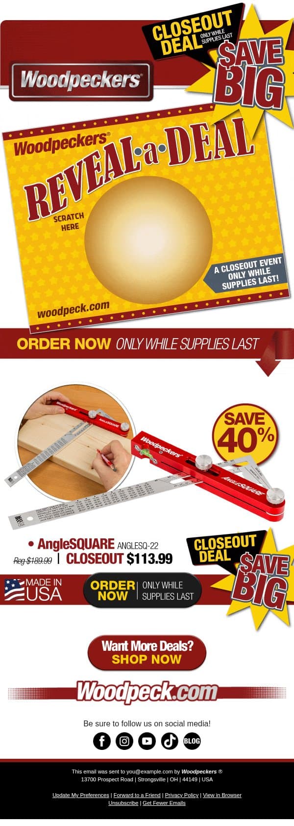 CLOSEOUT SALE! AngleSQUARE email from Woodpeckers screenshot