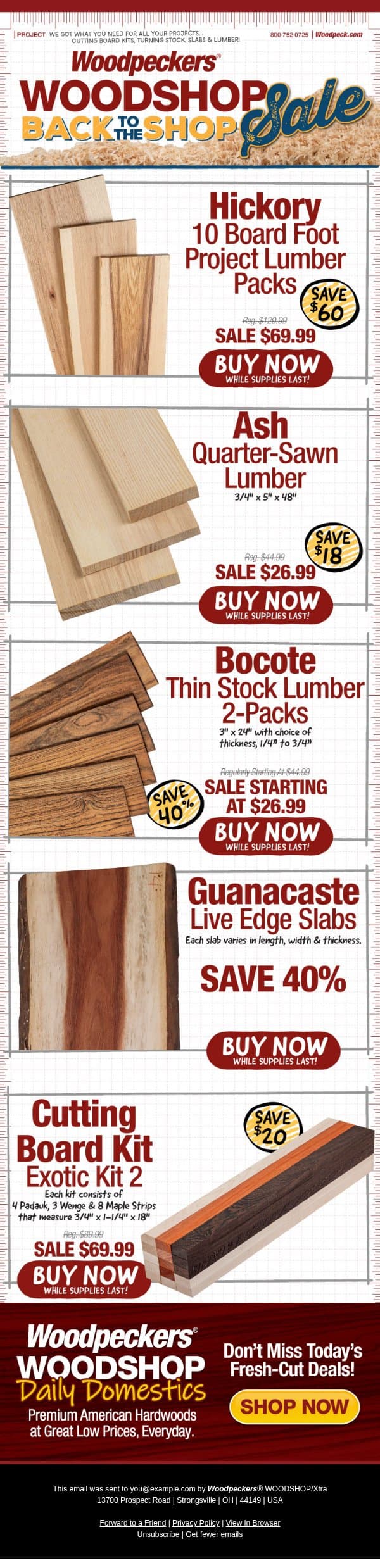 Save $60 on Hickory 10bf Packs! email from Woodpeckers screenshot
