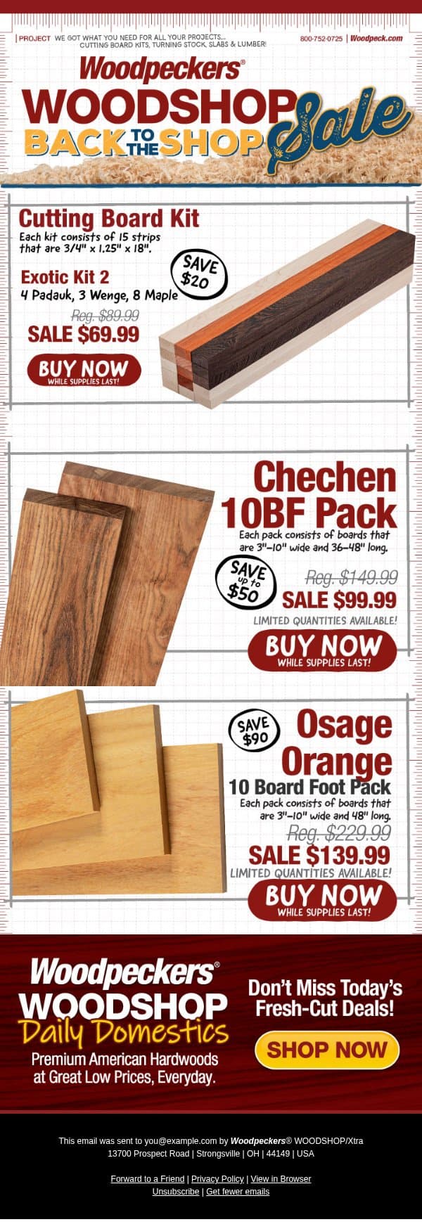 Exotic Wood Cutting Boards -Save $20 email from Woodpeckers screenshot