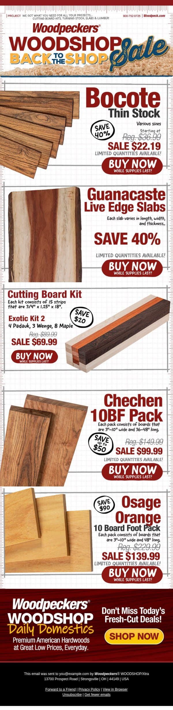 Save Big On Bocote Thin Stock Lumber 2-Packs email from Woodpeckers screenshot