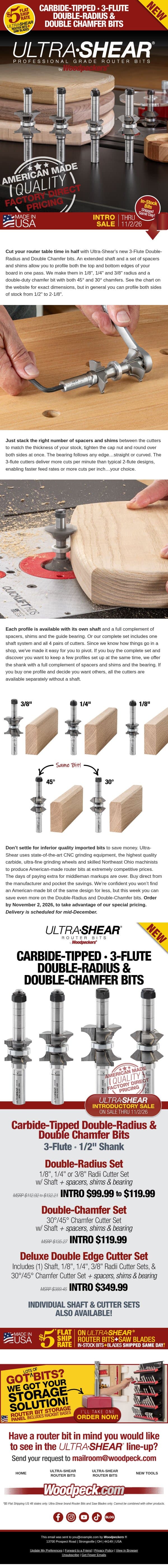Intro Pricing Ends Monday on Double-Roundover and Double-Chamfer Bits email from Woodpeckers screenshot