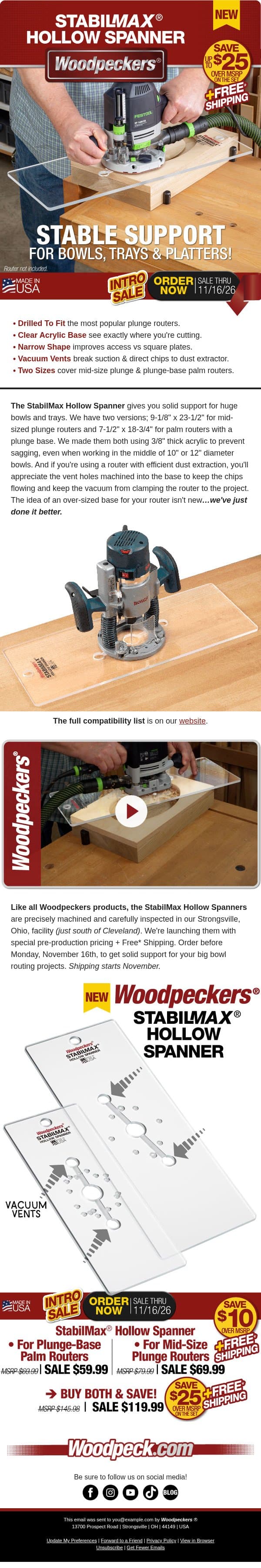 In Case You Missed It...NEW TOOL ALERT: StabilMax Hollow Spanner Router Base. email from Woodpeckers screenshot