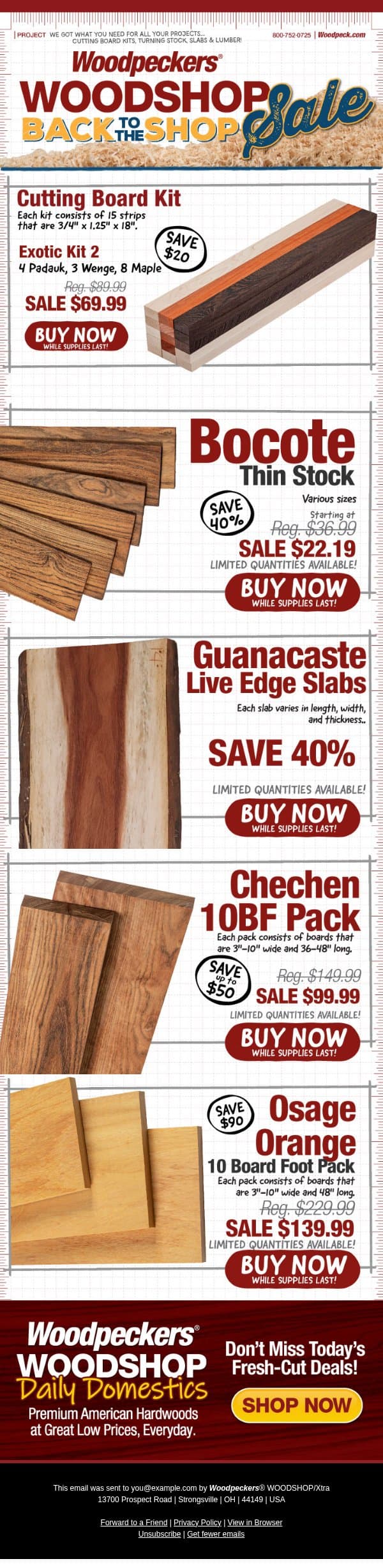 Cutting Board Deals End Soon! email from Woodpeckers screenshot