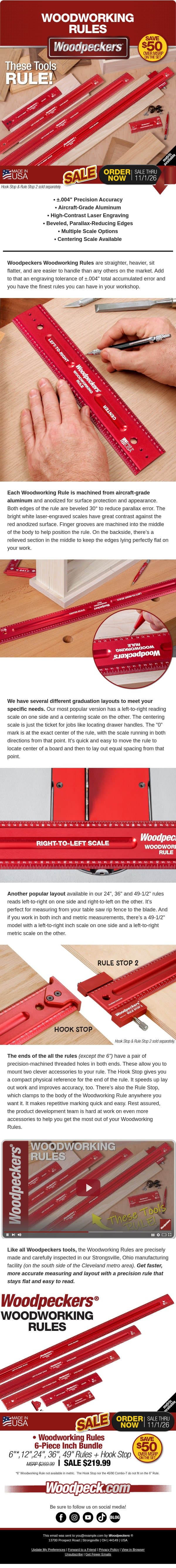 Straighter. Flatter. Easier to Read. $50 Off Sets Now. email from Woodpeckers screenshot