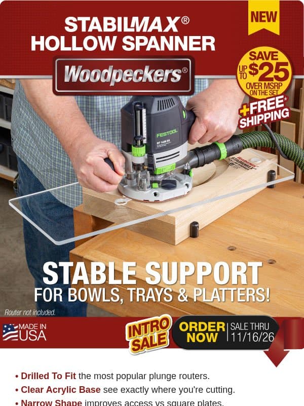 In Case You Missed It...NEW TOOL ALERT: StabilMax Hollow Spanner Router Base. email from Woodpeckers