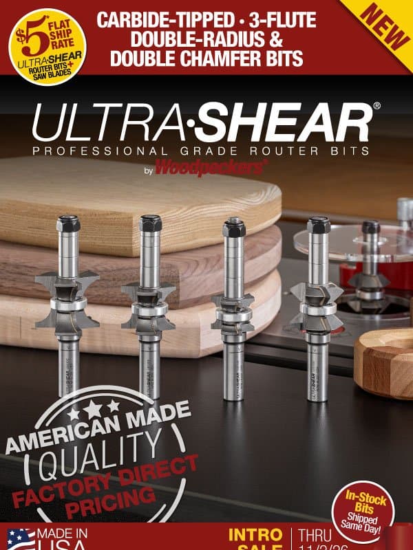 In Case You Missed It...NEW TOOL ALERT! 3-Flute Double-Radius and Double Chamfer Bit System email from Woodpeckers