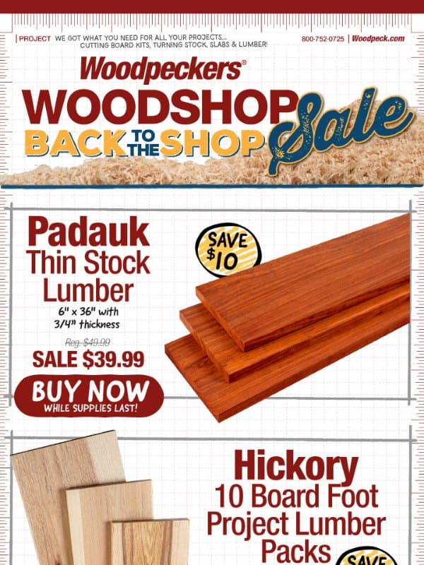 $10 Off Vibrant Padauk Lumber! email from Woodpeckers