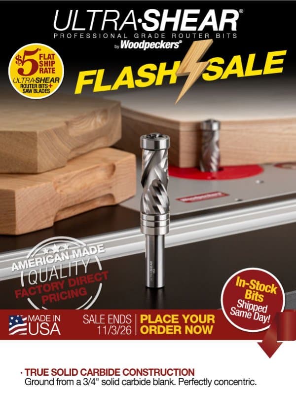 Pattern Cutting Perfection! True Solid Carbide 3/4" Compression Pattern and Flush Trim Bit email from Woodpeckers
