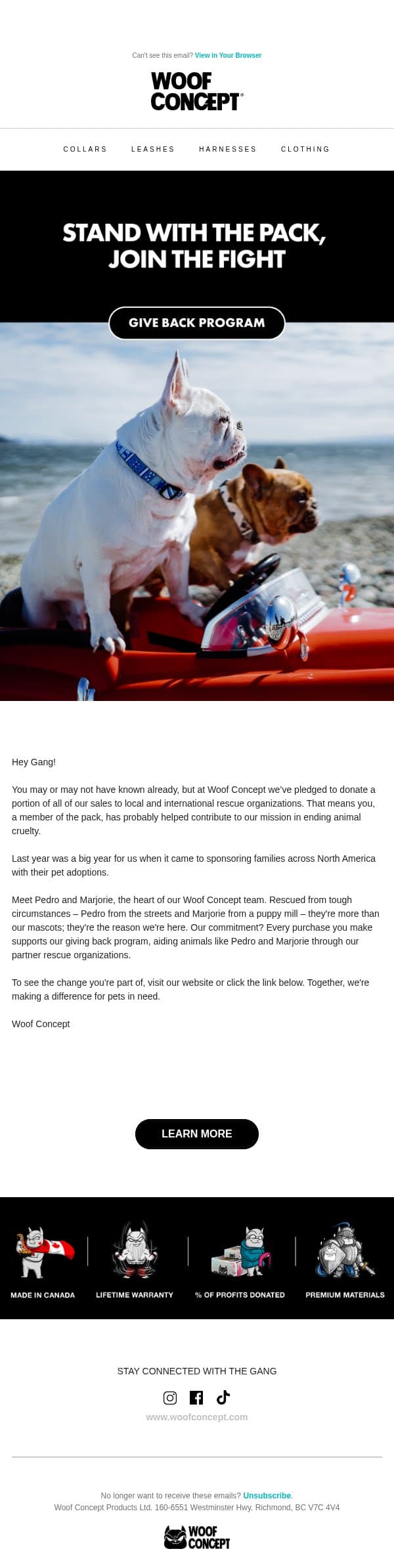 Join our movement to help animals in need email from Woof Concept screenshot