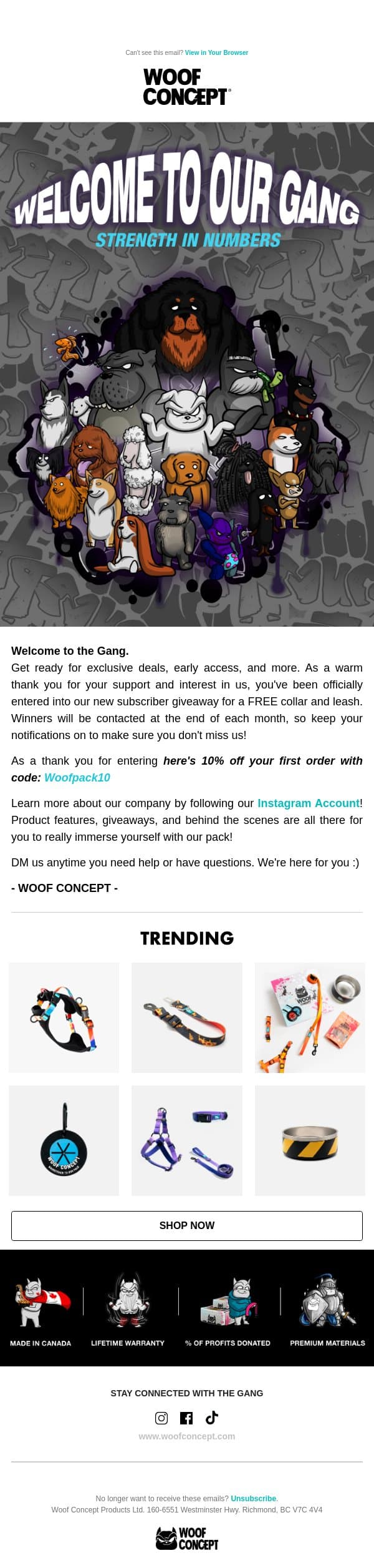 Welcome to our Gang! email from Woof Concept screenshot