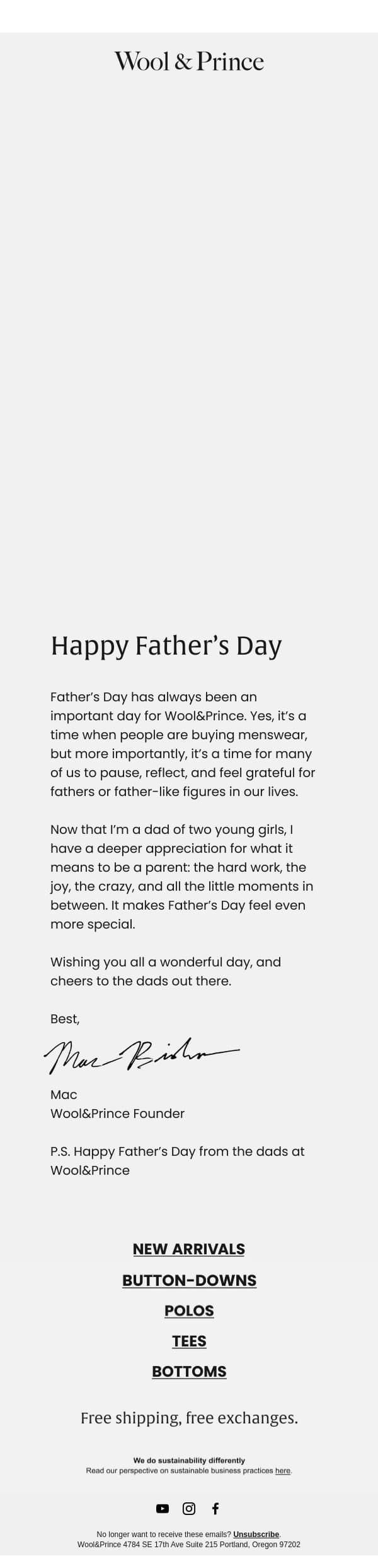 Happy Father’s Day email from Wool & Prince screenshot