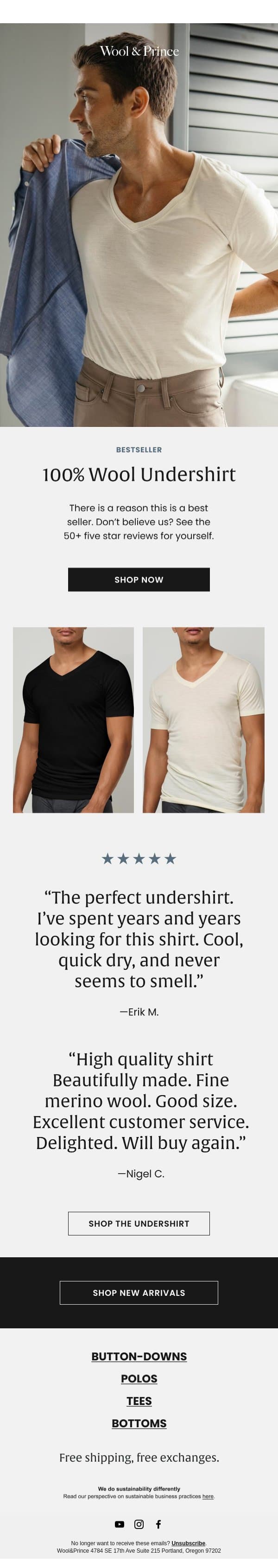 "The perfect undershirt.” email from Wool & Prince screenshot