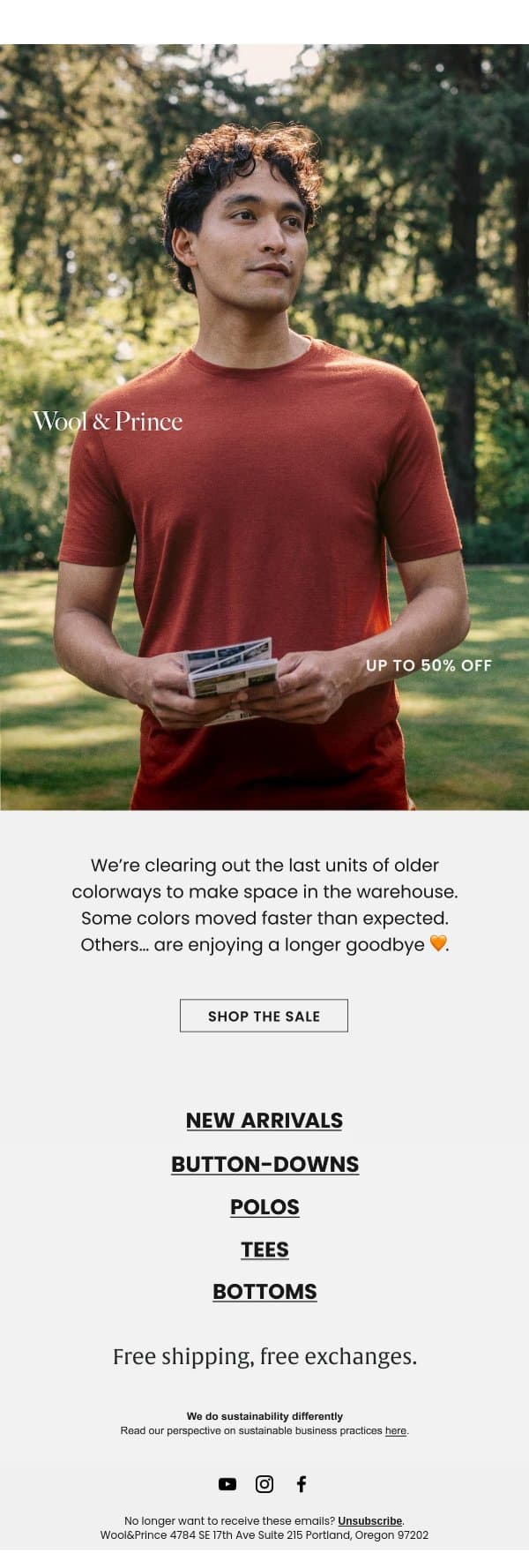 Warehouse Cleanout Event email from Wool & Prince screenshot