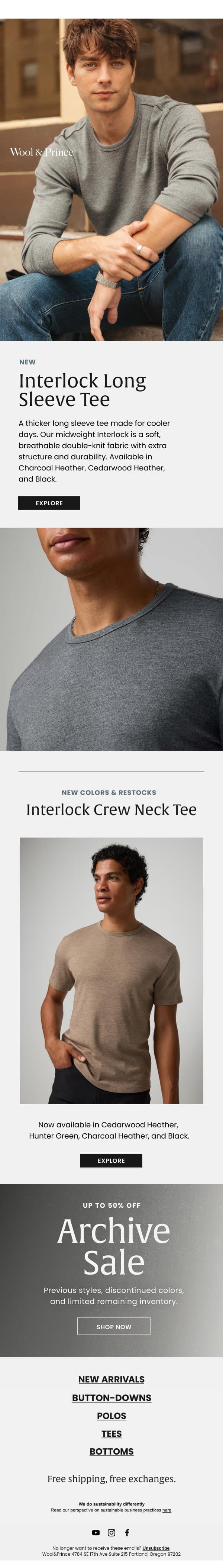 Introducing the Interlock Long Sleeve Tee email from Wool & Prince screenshot
