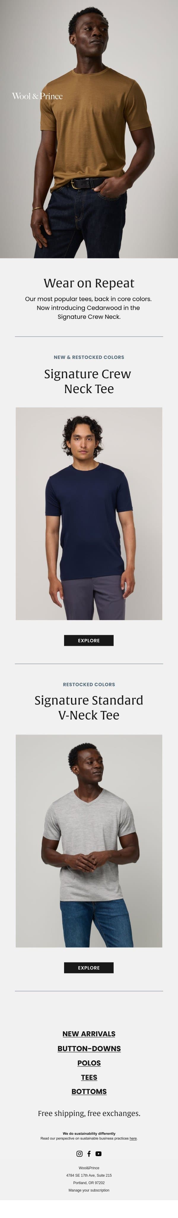Everyday Tees, Restocked email from Wool & Prince screenshot