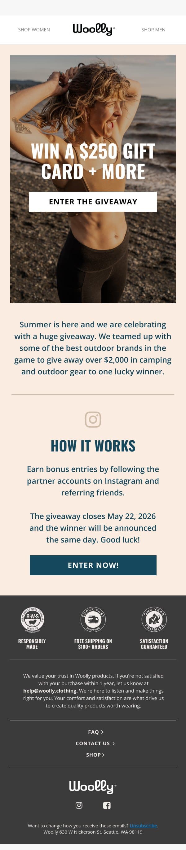 ποΈ $2,000+ SUMMER CAMPING GIVEAWAY! email from Woolly Clothing screenshot