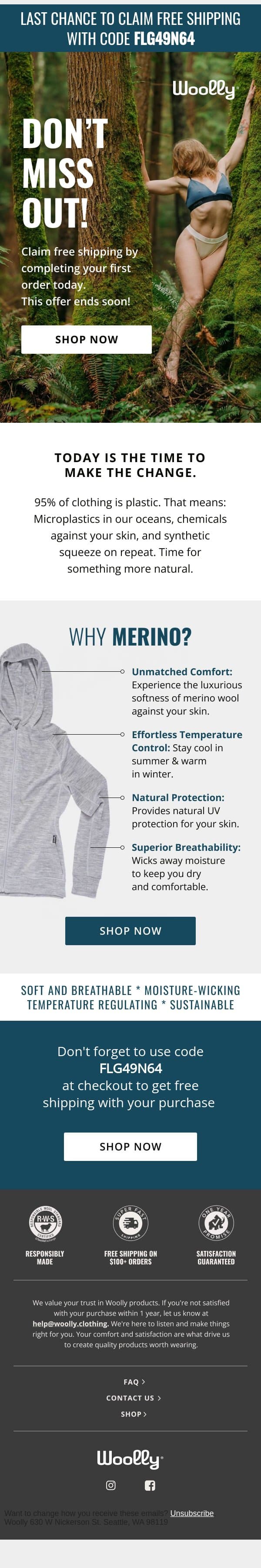 Your free shipping offer is almost gone... email from Woolly Clothing screenshot