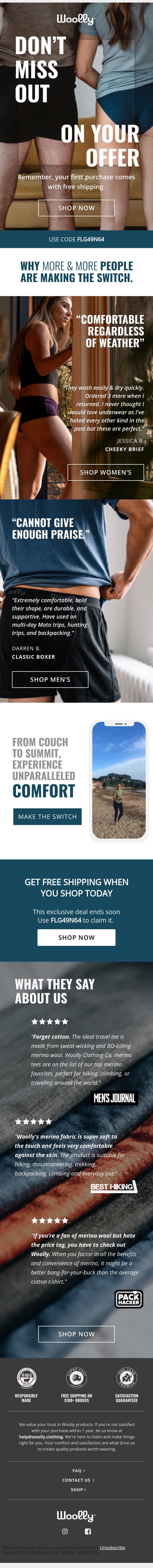 Get free shipping today email from Woolly Clothing screenshot